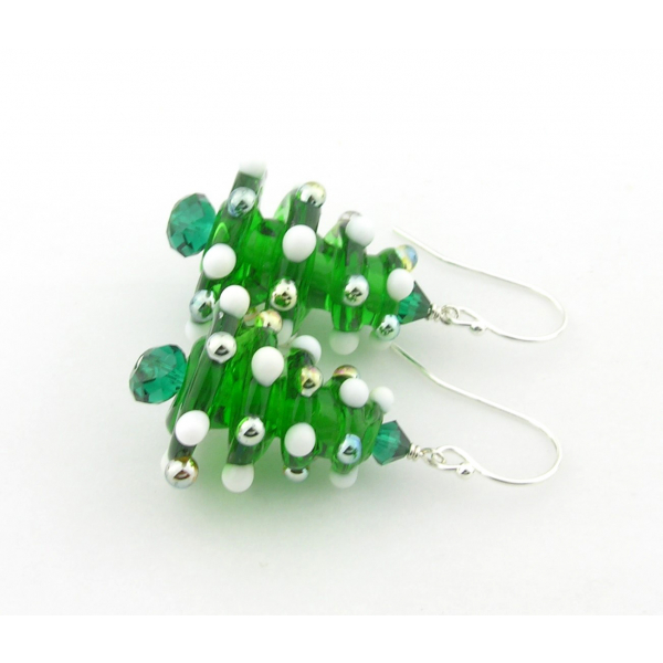 Handmade Christmas tree earrings with lampwork Swarovski crystals sterling