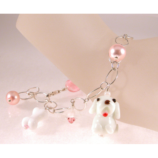 Handmade dog charm bracelet in white pink sterling silver crystal glass pearl