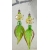 Artisan spring green earrings with lampwork glass leaf, maroon pearl, sterling