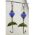 Handmade yellow, green enamel umbrella earrings with blue lampwork glass, copper