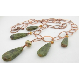 Handmade necklace with artisan lampwork green garnet, copper chain, clasp, wire