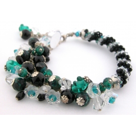 Handmade woven bracelet in black clear teal sterling silver twist crystal onyx