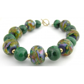 Handmade bracelet green purple artisan lampwork malachite gold fill