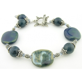 Handmade bracelet teal apatite gemstones kazuri ceramic sterling silver