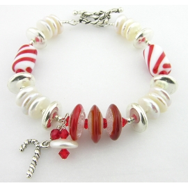 Handmade bracelet red white artisan lampwork disks pearls sterling silver