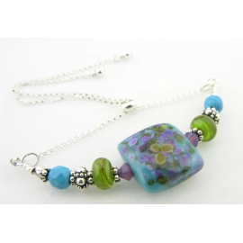 Flower Garden Slider Bracelet Handmade bracelet lime green turquoise blue purple lampwork crystal sterling