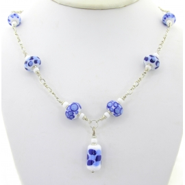 Artisan made blue and white necklace with lampwork and sterling silver