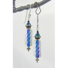Handmade teal blue silver earrings with artisan furnace glass, apatite, sterling