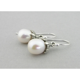 White Pearl Petals Drops Earrings Artisan made sterling petal earrings with AAA white freshwater pearls