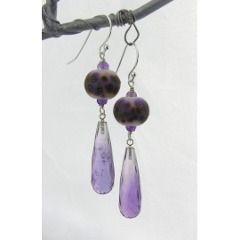 Artisan made sterling earrings with amethyst and purple white lampwork