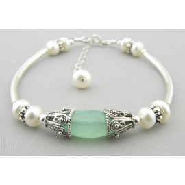 Handmade bracelet aqua chalcedony gemstone white freshwater pearls sterling