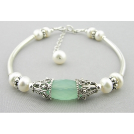Aqua Chalcedony and Pearls Bracelet Handmade bracelet aqua chalcedony gemstone white freshwater pearls sterling