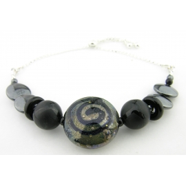 Night Sky Slider Bracelet Handmade bracelet black metallic lampwork onyx hematite gemstone sterling