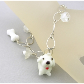 White Dog and Vintage Crystals Charm Bracelet Handmade dog charm bracelet white sterling silver vintage crystal flower heart