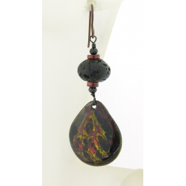 Artisan made organic crackle enamel on copper lava black spinel garnet earrings