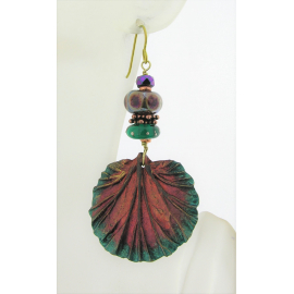 Artisan teal fuchsia copper earrings w/ artisan polymer, lampwork, glass, brass