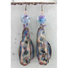 Watery Drops Earrings Artisan aqua blue purple earrings  enamel on fold formed copper lampwork glass