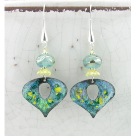 Sunshine and Teal Earrings artisan made teal, yellow, turquoise earrings with enamel drop, lampwork beads