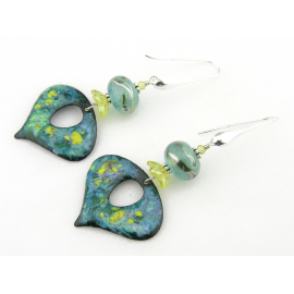 Sunshine and Teal Earrings artisan made teal, yellow, turquoise earrings with enamel drop, lampwork beads