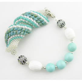 Turquoise Twist Bracelet - turquoise, white, silver seed bead woven focal, agate