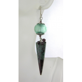 Handmade red, teal, black earrings with sonoran jasper spikes, garnet, lampwork