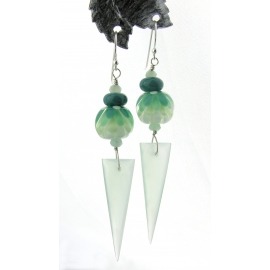 Aqua Spikes Earrings Handmade aqua, teal, white earrings with chalcedony spikes, burma jade, lampwork