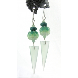 Handmade aqua, teal, white earrings with chalcedony spikes, burma jade, lampwork