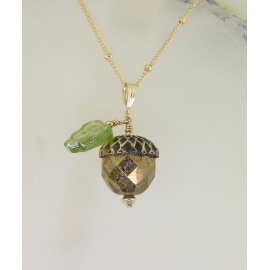 Golden Acorn Necklace Handmade necklace with faceted golden glass acorn green glass leaf gold fill