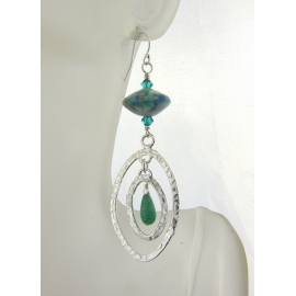 Handmade earrings with blue teal green lampwork glass, turquoise sterling