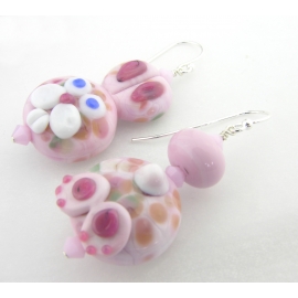 Artisan pink white bunny butt earrings with sterling silver
