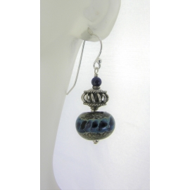 Handmade blue earrings with blue silver lampwork glass, lapis, sterling