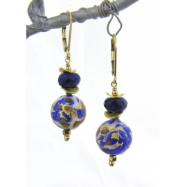Lapis Venetian Swirl Earrings Handmade earrings with lapis blue white gold venetian beads gold fill ear wires