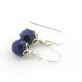 Lapis and Petals Earrings Artisan faceted blue lapis earrings sterling silver petals