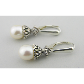 Artisan made sterling lattice petaled earrings with AAA white freshwater pearls