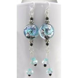 Handmade earrings with aqua blue black Venetian glass, onyx, apatite sterling