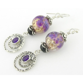 Handmade earrings purple black silver lampwork amethyst black onyx sterling