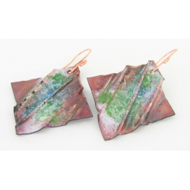 Folds of Summer Earrings Artisan made organic enamel on fold formed green blue white copper earrings