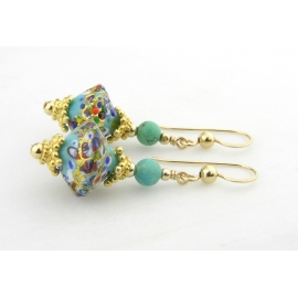 Golden Turquoise Klimt Earrings Handmade earrings with turquoise klimt style venetian beads gold fill vermeil