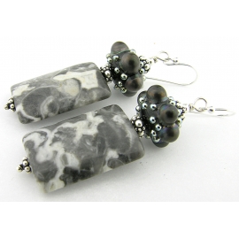 Jewelled Granite Earrings Handmade grey and white earrings with Alaska granite, black dot artisan lampwork