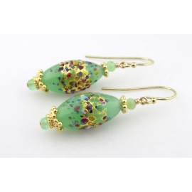 Handmade earrings with light green klimt style venetian beads gold fill vermeil