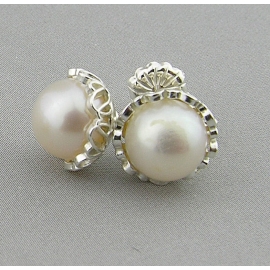 White Pearl Flowers Earrings Handmade white A grade pearl sterling silver filigree post earrings