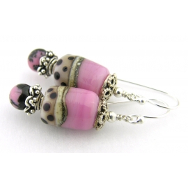 Pink and Polka Earrings Handmade pink, ivory, black dot lampwork, rhodonite gemstone, sterling