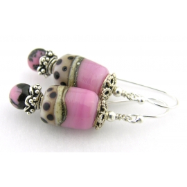 Handmade pink, ivory, black dot lampwork, rhodonite gemstone, sterling