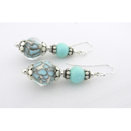 Handmade turquoise and white dot lampwork, turquoise gemstones, sterling