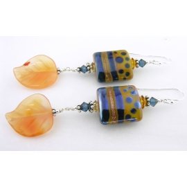 Handmade blue orange lampwork earrings carnelian leaf sterling