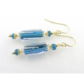 Handmade teal and gold earrings with artisan furnace glass, apatite, gold filled