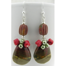 Handmade earrings with green and red creek jasper drops coral sterling