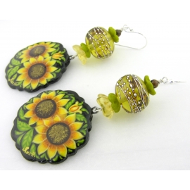 Sweet Sunflower Earrings Hand made yellow green black sunflower earrings lampwork glass bronzite sterling