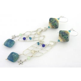 Jeweled Fishnet Earrings Handmade ocean fishnet sterling silver earrings lapis apatite lampwork pearls
