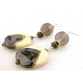 Handmade ivory green brown earrings kazuri ceramic smoky quartz jasper sterling